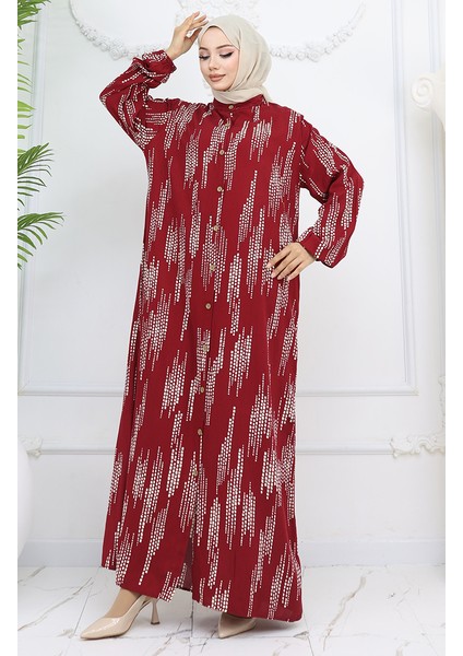 Viskon Kumaş Boydan Düğmeli Elbise 0049-01 Bordo fiyatları