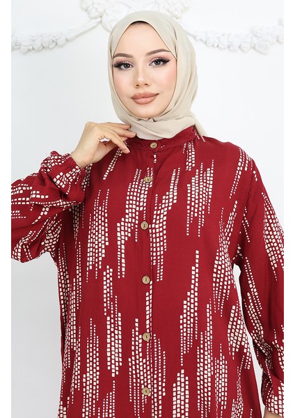 Viskon Kumaş Boydan Düğmeli Elbise 0049-01 Bordo modelleri
