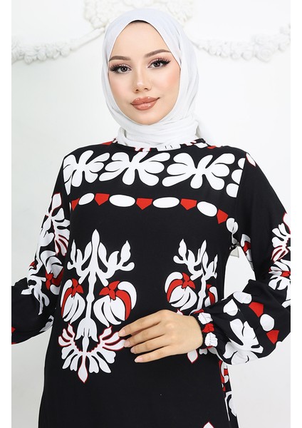 Viskon Kumaş Kolu Lastikli Desenli Elbise 0046-03 Siyah modelleri