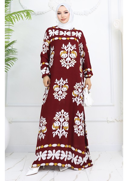 Viskon Kumaş Kolu Lastikli Desenli Elbise 0046-02 Bordo