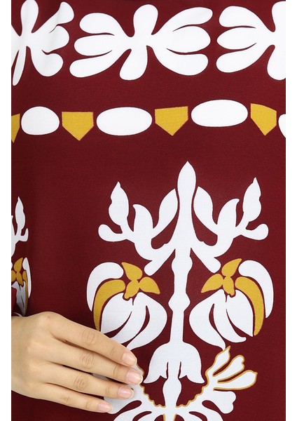 Viskon Kumaş Kolu Lastikli Desenli Elbise 0046-02 Bordo fırsatları