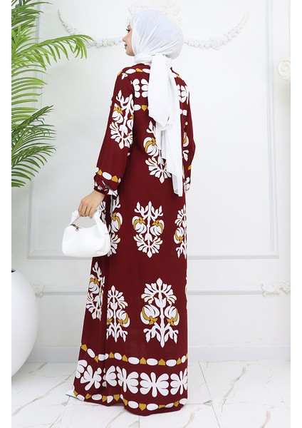 Viskon Kumaş Kolu Lastikli Desenli Elbise 0046-02 Bordo indirimleri