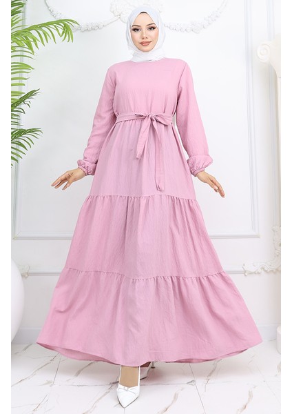 Sofya Keten Kolu Lastikli Kuşaklı Elbise 2023-02 Pudra