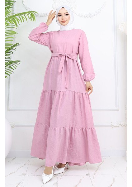 Sofya Keten Kolu Lastikli Kuşaklı Elbise 2023-02 Pudra fiyatları