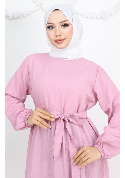 Sofya Keten Kolu Lastikli Kuşaklı Elbise 2023-02 Pudra modelleri