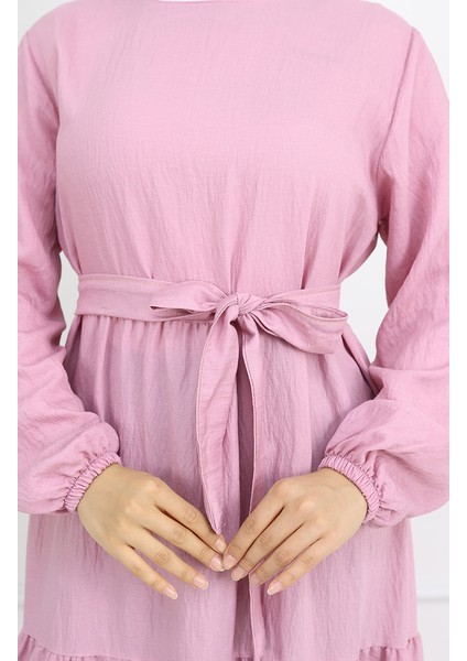 Sofya Keten Kolu Lastikli Kuşaklı Elbise 2023-02 Pudra fırsatları