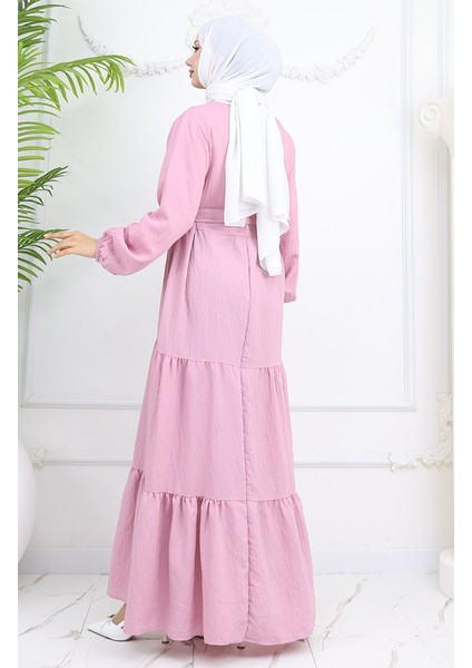 Sofya Keten Kolu Lastikli Kuşaklı Elbise 2023-02 Pudra indirimleri