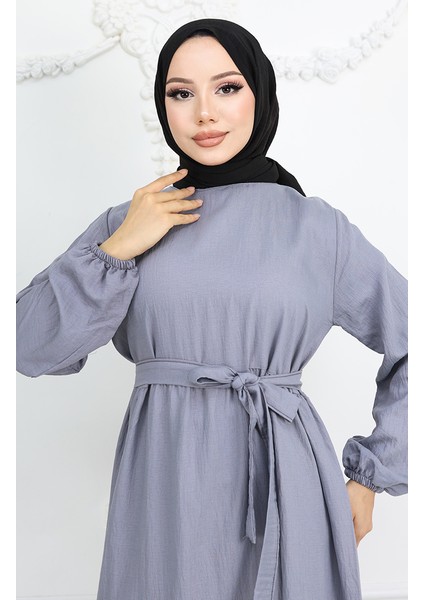 Sofya Keten Kolu Lastikli Kuşaklı Elbise 2023-05 Gri modelleri