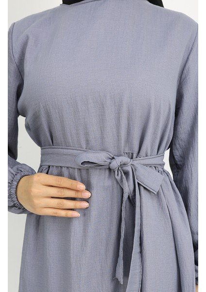 Sofya Keten Kolu Lastikli Kuşaklı Elbise 2023-05 Gri fırsatları