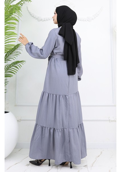 Sofya Keten Kolu Lastikli Kuşaklı Elbise 2023-05 Gri indirimleri