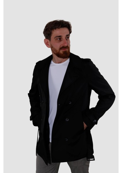 4030 Kısa Kruvaze Trenckot-Siyah