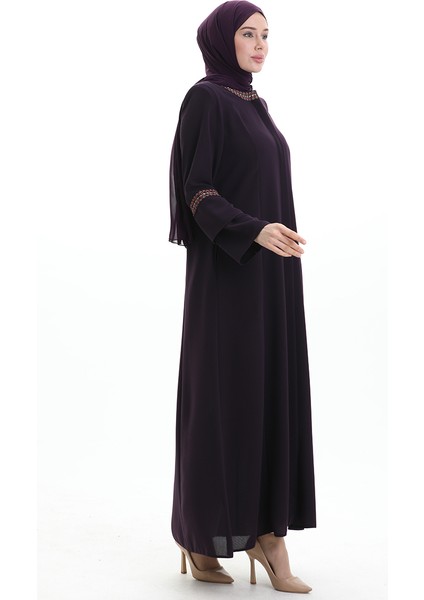 Büyük Beden Gizli Fermuarlı Nakışlı Ferace 6193-05 Mor fiyatları