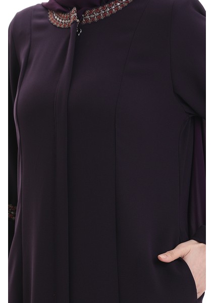Büyük Beden Gizli Fermuarlı Nakışlı Ferace 6193-05 Mor fırsatları