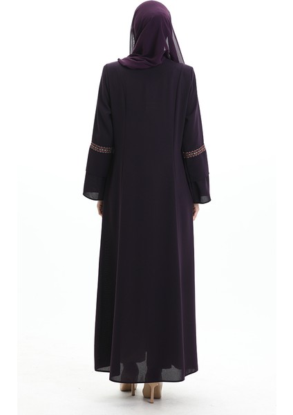 Büyük Beden Gizli Fermuarlı Nakışlı Ferace 6193-05 Mor indirimleri