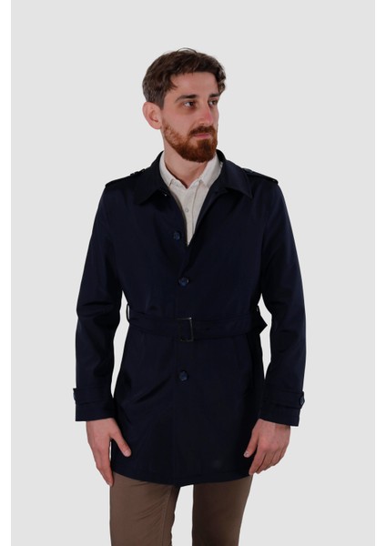 5068 Bebe Yaka Uzun Trenckot-Lacivert