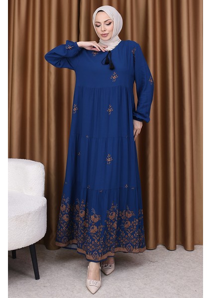 Desenli Viskon Elbise 4083-12 Petrol