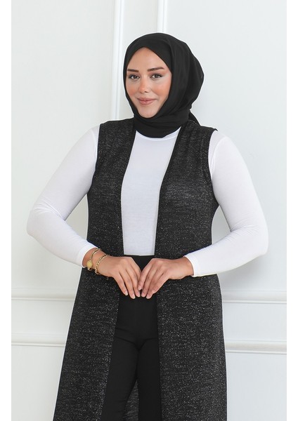 Simli Dökümlü Mevsimlik Uzun Yelek 8737A-01 Siyah modelleri