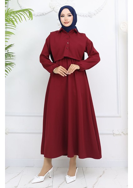 Gömlek Yaka Bolera Detaylı Elbise 81898-04 Bordo