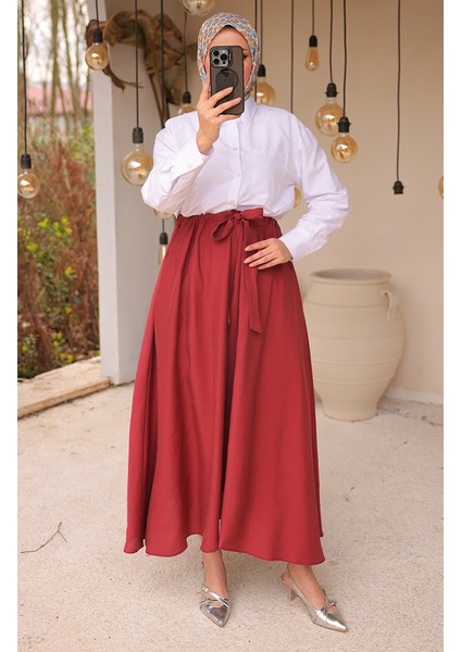 Beli Lastikli Kuşaklı Etek 71266-04 Mürdüm