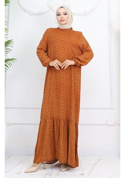 Viskon Kumaş Kolu Lastikli Desenli Elbise 2015-02 Kahverengi
