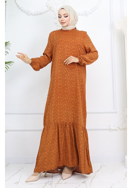 Viskon Kumaş Kolu Lastikli Desenli Elbise 2015-02 Kahverengi fiyatları