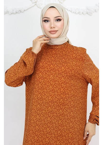 Viskon Kumaş Kolu Lastikli Desenli Elbise 2015-02 Kahverengi modelleri