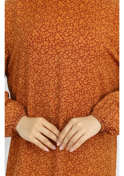 Viskon Kumaş Kolu Lastikli Desenli Elbise 2015-02 Kahverengi fırsatları