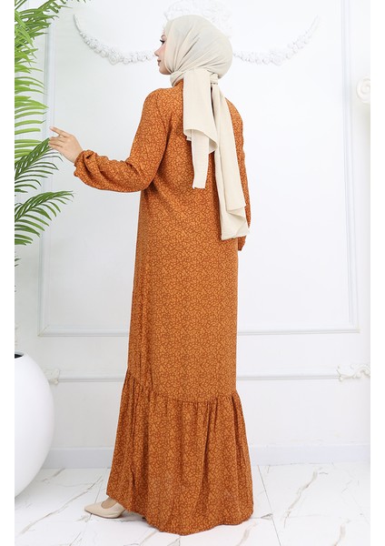 Viskon Kumaş Kolu Lastikli Desenli Elbise 2015-02 Kahverengi indirimleri