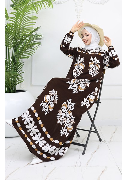 Viskon Kumaş Kolu Lastikli Desenli Elbise 0046-05 Kahverengi