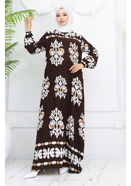 Viskon Kumaş Kolu Lastikli Desenli Elbise 0046-05 Kahverengi fiyatları