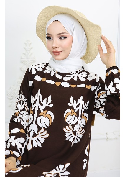 Viskon Kumaş Kolu Lastikli Desenli Elbise 0046-05 Kahverengi modelleri