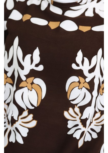 Viskon Kumaş Kolu Lastikli Desenli Elbise 0046-05 Kahverengi fırsatları