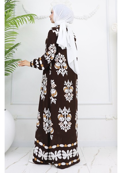 Viskon Kumaş Kolu Lastikli Desenli Elbise 0046-05 Kahverengi indirimleri