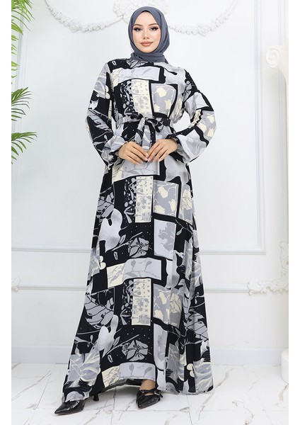 Viskon Kumaş Kolu Lastikli Desenli Elbise 2026-01 Siyah Gri