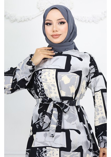 Viskon Kumaş Kolu Lastikli Desenli Elbise 2026-01 Siyah Gri modelleri
