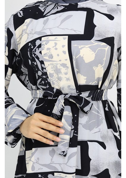 Viskon Kumaş Kolu Lastikli Desenli Elbise 2026-01 Siyah Gri fırsatları