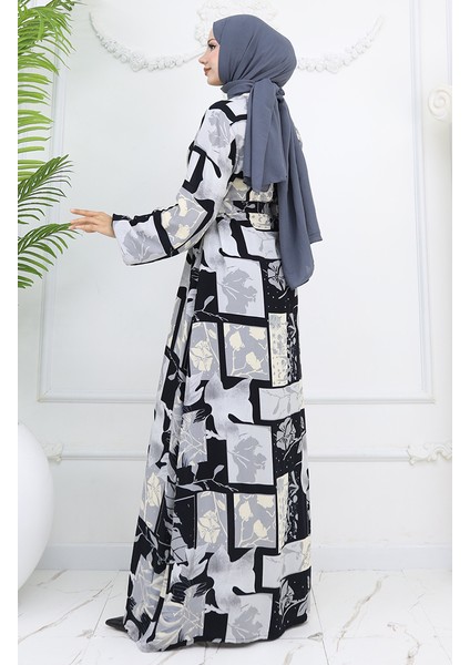 Viskon Kumaş Kolu Lastikli Desenli Elbise 2026-01 Siyah Gri indirimleri