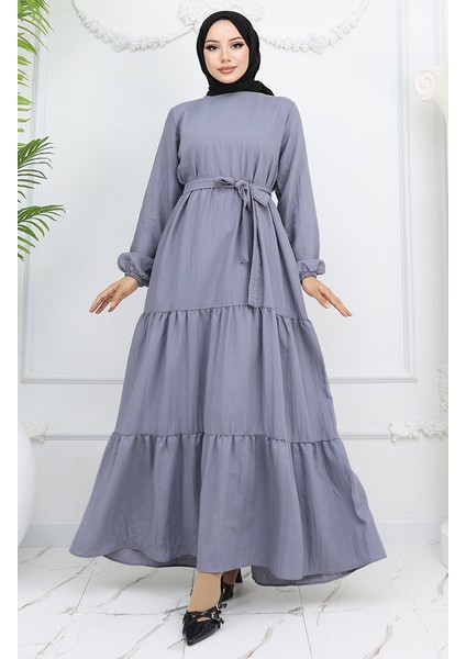 Sofya Keten Kolu Lastikli Kuşaklı Elbise 2023-05 Gri