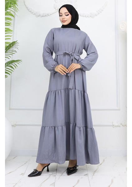 Sofya Keten Kolu Lastikli Kuşaklı Elbise 2023-05 Gri fiyatları