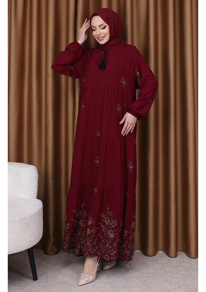 Desenli Viskon Elbise 4083-11 Bordo