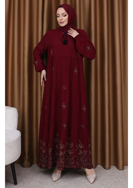 Desenli Viskon Elbise 4083-11 Bordo fiyatları