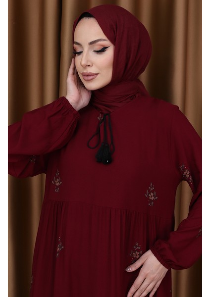 Desenli Viskon Elbise 4083-11 Bordo modelleri