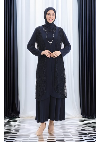 Büyük Beden Dantel Yelek Elbise Ikili Takım 4123-02 Lacivert