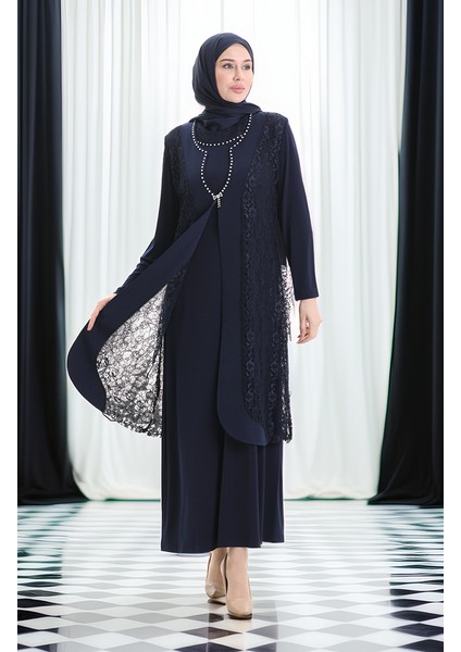 Büyük Beden Dantel Yelek Elbise Ikili Takım 4123-02 Lacivert fiyatları