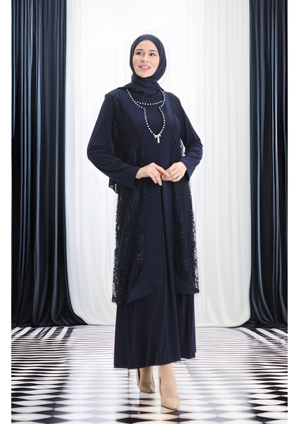 Büyük Beden Dantel Yelek Elbise Ikili Takım 4123-02 Lacivert modelleri