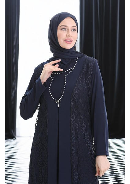 Büyük Beden Dantel Yelek Elbise Ikili Takım 4123-02 Lacivert fırsatları