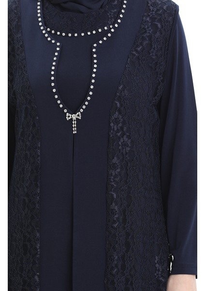 Büyük Beden Dantel Yelek Elbise Ikili Takım 4123-02 Lacivert indirimleri