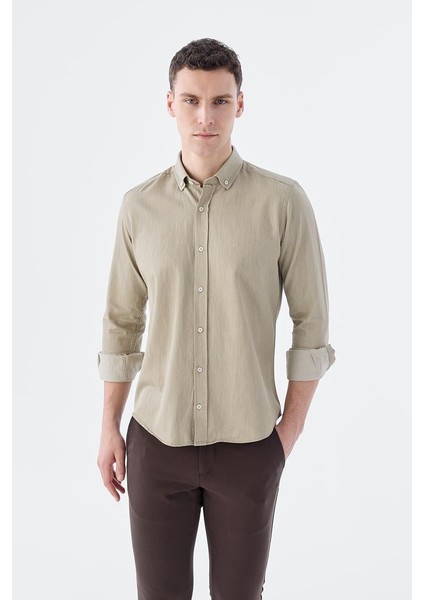 Bej Slim Fit Cepli Düğmeli Yaka Pamuk Gömlek