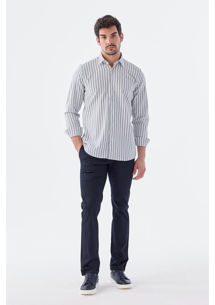 Koyu Lacivert Comfort Fit Desenli Esnek Kumaş Pamuklu Spor Gömlek fiyatları