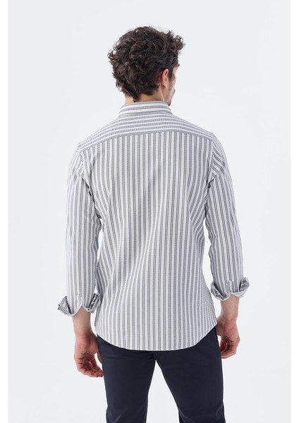 Koyu Lacivert Comfort Fit Desenli Esnek Kumaş Pamuklu Spor Gömlek fırsatları